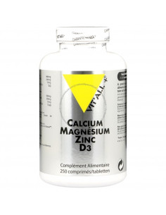 Calcium magnésium zinc bisglycinate + D3 – 250 comprimés – VIT'ALL+